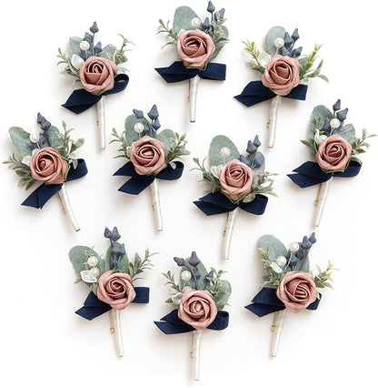 Ling's Moment Boutonniere for Men, 10pcs Groomsmen Guest Boutonniere, Artificial Flowers for Wedding Décor/Prom/Homecoming,etc.Dusty Rose Navy Blue
