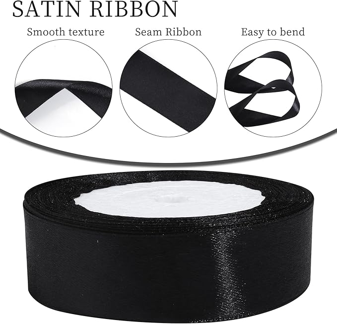 Black Ribbon for Gift Wrapping, 1 inch Polyester Satin Hair Ribbons for Flower Bouquet, Weeding Decoration, Baby Shower, Crafts Bows Fabric Christmas Ribbon 25 Yards