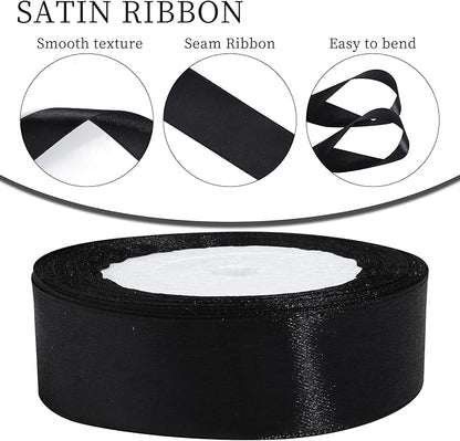 Black Ribbon for Gift Wrapping, 1 inch Polyester Satin Hair Ribbons for Flower Bouquet, Weeding Decoration, Baby Shower, Crafts Bows Fabric Christmas Ribbon 25 Yards