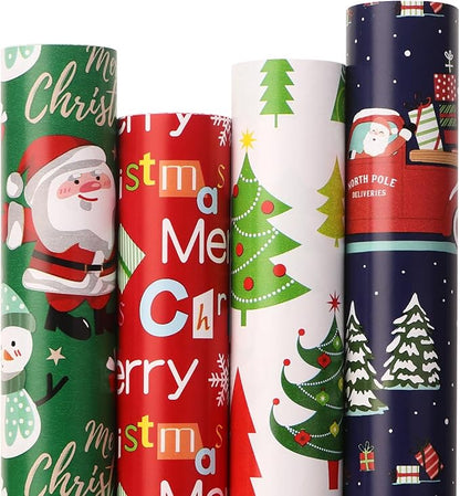 Ribbli Christmas Wrapping Paper 30 Inch Gift Wrapping Paper 4 Rolls Merry Christmas Santa Claus Snowman Tree Printed Assortment -30 Inch x 10 Feet Per roll
