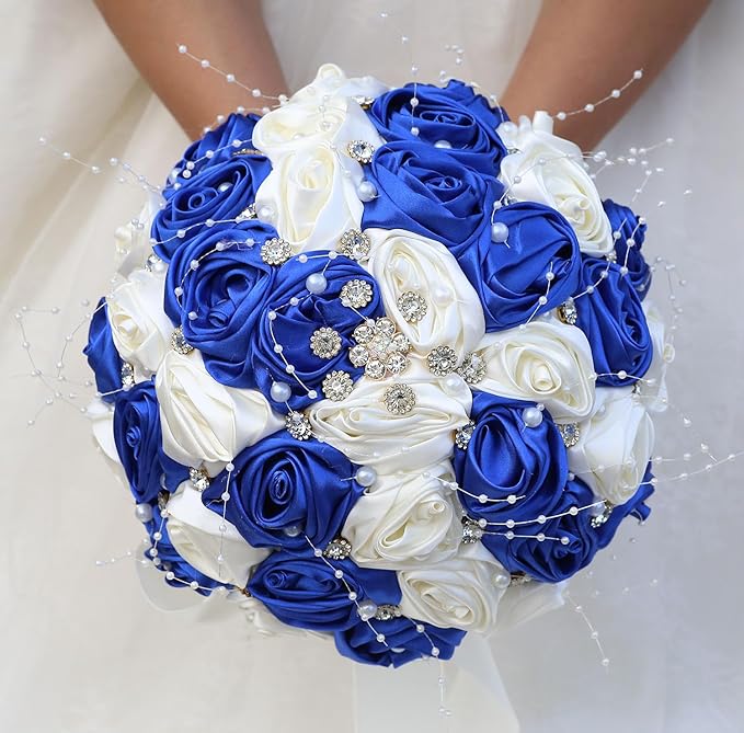 Bridal Wedding Bouquet Round Bling Brooch Bouquet Throw Toss Artificial Rose Flower Bunch for Bride Bridesmaid Wedding Quinceanera(Royal Blue & Ivory, 8.7")