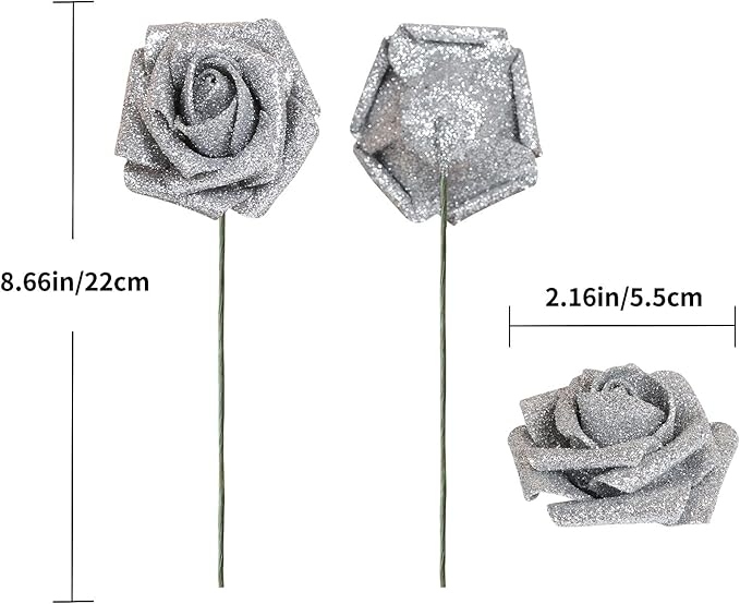 Artificial Flowers 30 PCS Silver Glitter Foam Artificial Flowers with Stem, Glitter Roses Shiny Flowers for DIY Wedding Bouquets Party Home Decor(Silver)