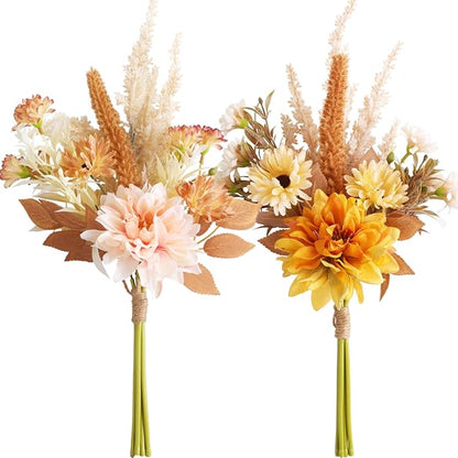 Fake Flower Bouquet, Faux Flower Arrangement for Decorating Kitchens, Bedrooms, Bathrooms, Realistic Artificial Flowers Made of Silk & Plastic, Floral Decoration with Dahlia & Small Blossoms