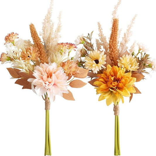 Fake Flower Bouquet, Faux Flower Arrangement for Decorating Kitchens, Bedrooms, Bathrooms, Realistic Artificial Flowers Made of Silk & Plastic, Floral Decoration with Dahlia & Small Blossoms