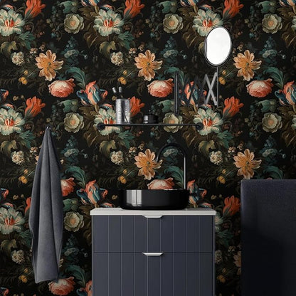 Vintage Gold Yellow Floral Peony Pink Orange White Flower Peel and Stick Wallpaper Easy Peel Off Contact Paper Stick on Adhesive Wall Paper for Bathroom Waterproof Renter Friendly