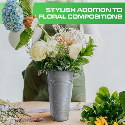 Plexon 9" Tall Galvanized Metal Vase for Flowers, Metal Flower Container with Handles, Farmhouse French Tin Vases for Flowers Ideal for Sparkler Bucket Wedding Home Decor, Set of 12
