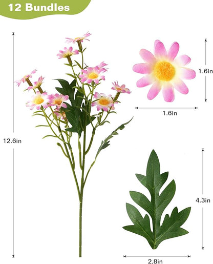 Daisy Flowers Artificial (144 Blooms), 12 Bundles Fake Wildflowers for Outdoor Planters, Faux Plants with Silk Daisies for Front Porch Garden Patio Home Aesthetic (Pink and White Gradient)