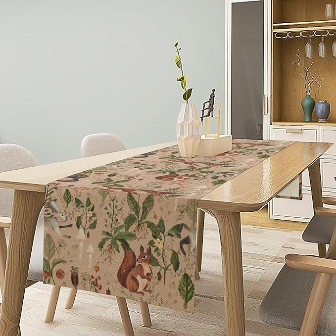 Rustic Woodland Table Runner, Retro Cabin Lodge Fairy Tale Forest Wild Animals Hare Squirrel Print Table Runner for Kitchen Dining Home Decor Wreath Party Decoration, 13x70inch