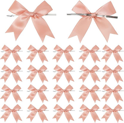 50 Counts Dusty Pink Twist Tie Bows 3.1" Pre-Tied Satin Ribbon Bow Decor Mini Twist Tie Bows for Gift Wrapping Treat Bags Cake Bridal Baby Shower Birthday Party Favors Wedding Decorations