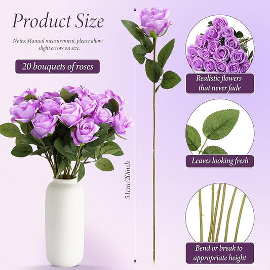 Hotop 20 Pcs Artificial Rose Flowers with Long Stem,Real Touch Silk Realistic Plastic Bouquet Roses Bulk for Home Decor Bridal Wedding Party Table Centerpieces Decorations(Purple)