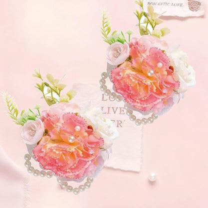 Carnation Wrist Corsage, Pack of 2 PCS Wedding Bridal Wrist Flower Corsage Hand Flower Artificial Silk Rose Decor for Prom Party Wedding (Pink & White, 2pcs)
