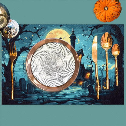 Halloween Castle Moon Scary Placemats Set of 1 PVC Vinyl Non Slip Table Mats Heat Resistant Place Mats Washable Wipeable Dining Table Mat for Kitchen Decor Party Indoor Outdoor Decorative Gift