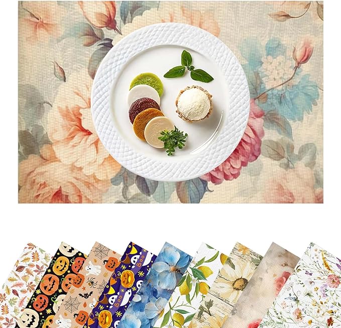Placemats Set of 4 Waterproof Oilproof Table Mats Vintage Rose Pattern Washable Wipeable Heat Resistant Easy to Clean for Indoor Outdoor Party Kitchen Dining Table Decoration 12 * 18in