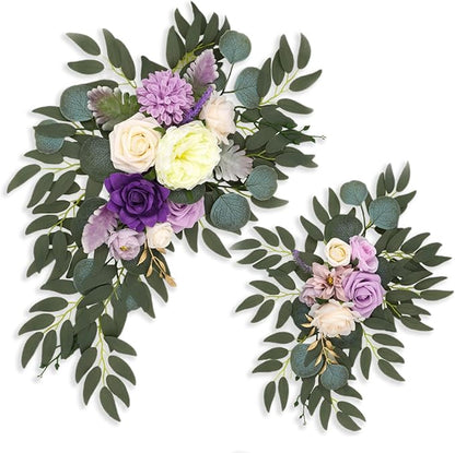 Purple White Wedding Arch Flowers, Faux Flower Swag Set of 2, Purple Floral Swag for Wedding Arch Welcome Signs, Reception Ceremony Signs Decor