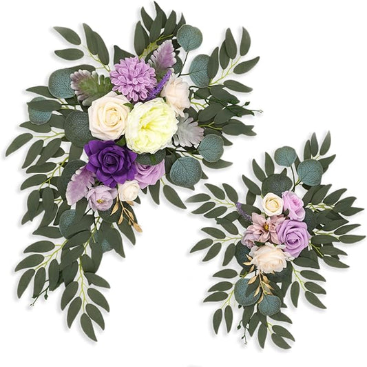 Purple White Wedding Arch Flowers, Faux Flower Swag Set of 2, Purple Floral Swag for Wedding Arch Welcome Signs, Reception Ceremony Signs Decor