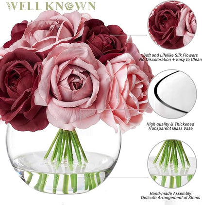 WELL KNOWN Silk Rose Artificial Flowers with Vase Artificial Rose Flower Arrangements in Round Bowl Vase with Faux Water for Home Table Decoration (Burgundy & Dusty Rose)