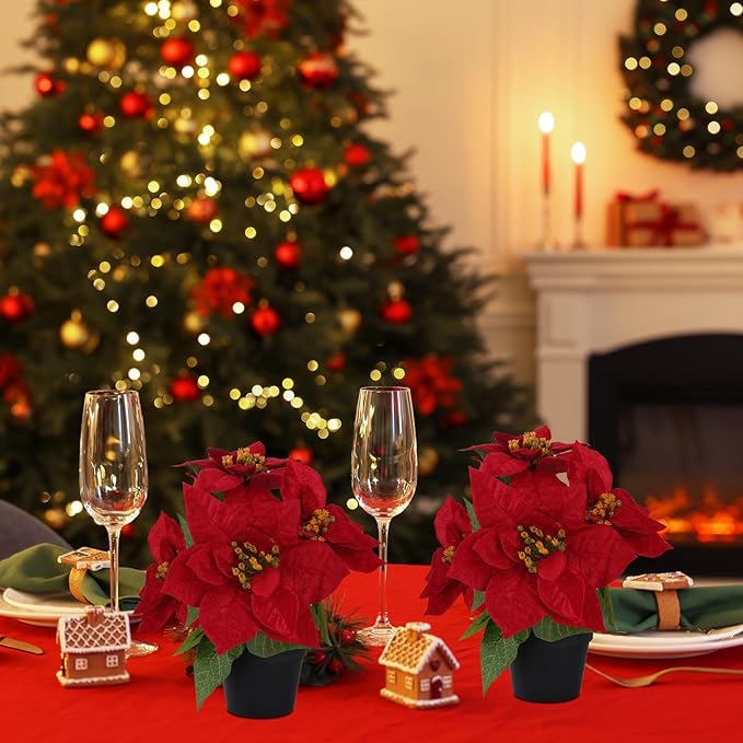Poinsettias Flowers Artificial 2 Pack Red Faux Christmas Poinsettia Plant Small 11 Inch Winter Flowers for Home Office Table Decorations Indoor Xmas Ornament
