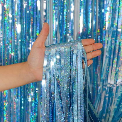 Melsan 2 Pack 3.2 ft x 8.2 ft Tinsel Foil Fringe Curtains Backdrop, Blue Sparkle Metallic Foil Curtains for Party Photo Booth Props Baby Shower Decoration, Light Blue