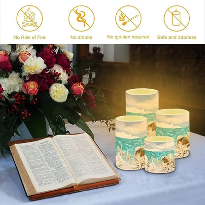 LED Flickering Candles Battery Operated Candles Set of 4 with Remote Control Timer Dancing Flame Pillar Candles Home Table Coastal Decoration, Beach Sky with Starfish