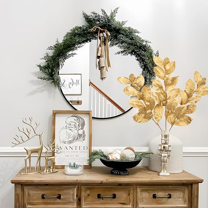 Briful Gold Magnolia Leaves Branches, 3 Pack 28.7in Faux Magnolia Leaves Stems Artificial Christmas Greenery Branches for Xmas Home Vase Floral Arrangement