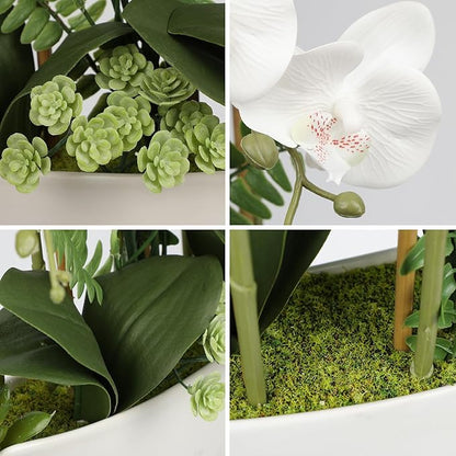 Briful Orchid Artificial Flowers 18in White Fake Orchid Silk Flowers with Ceramic Pot Faux Orchid Arrangement for Home Office Room Coffee Table Centerpiece Modern Decoration