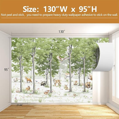 Kids Wallpaper Green Forest Animal Wall Mural for Children's Room Nursery Bedroom（Not Peel and Stick）