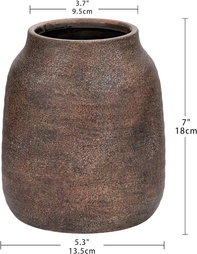 Briful Rustic Ceramic Vase 7” Tall – Handcrafted Vintage Pottery Flower Vase with Distressed White-Wash Finish – Farmhouse Decorative Accent for Table, Shelf, Mantel (Not Watertight), Brown