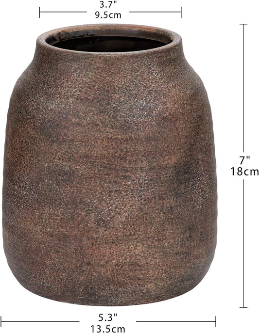 Briful Rustic Ceramic Vase 7” Tall – Handcrafted Vintage Pottery Flower Vase with Distressed White-Wash Finish – Farmhouse Decorative Accent for Table, Shelf, Mantel (Not Watertight), Brown