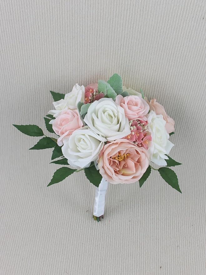 Rinlong Pink White Bridesmaids Bouquet Artificial Wedding Bouquets for Bridesmaid Silk Bouquet for Wedding Prom Homecoming