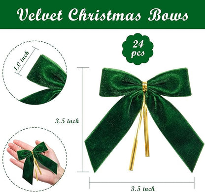 WRAPAHOLIC 24 Pcs Small Green Velvet Christmas Bows - Green Twist Tie Bows for Christmas Tree, Wreath, Gift Wrapping, Wedding, Crafts, Home Decor - 3.5 x 3.5 inch