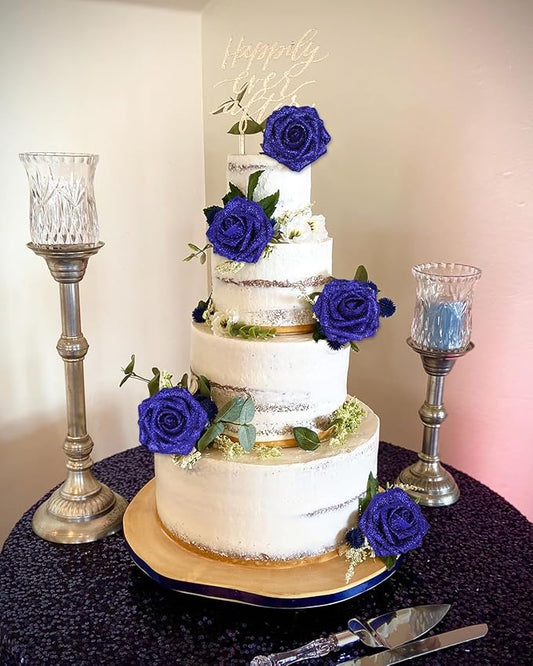 Roses Artificial Flowers 30PCS Fake Blue Roses 3.15" Glitter Roses Bouquet for DIY Wreath Wedding Christmas Home Party Decor(Royal Blue)