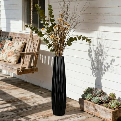 Tall Black Floor Vase – 24" Twisted Geometric Ceramic Vase for Modern Home, Living Room, Table Centerpiece or Corner Decoration