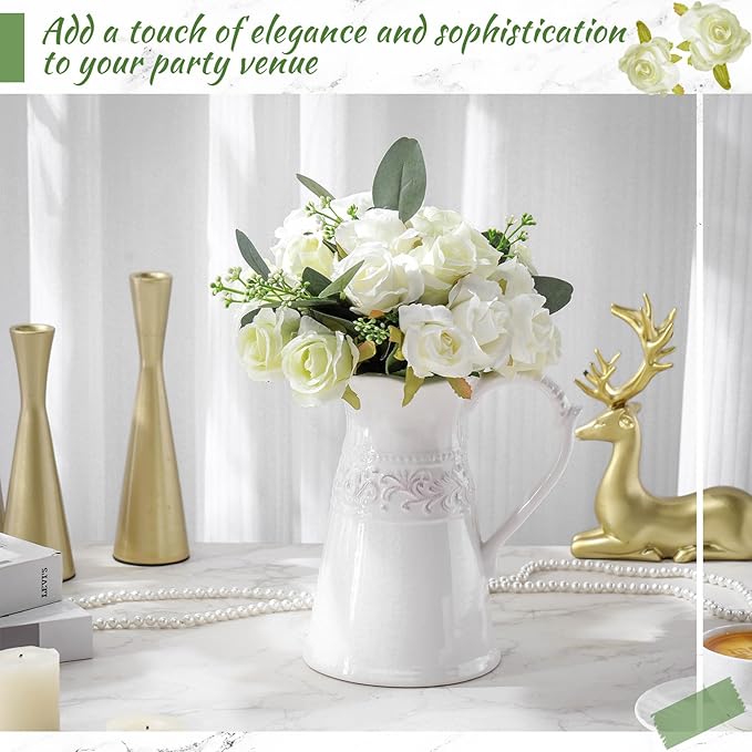 Zeyune 12 Pack Wedding Bridesmaids Bouquets 7 Inch Artificial Rose Bouquets Silk Flowers with Stems Fake Floral Bundles Bulk for Wedding Bridal Shower Party Centerpieces Home Decor(White Green)