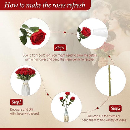 Hotop 40 Pcs Rose Artificial Flowers Bulk with Long Stem,Realistic Silk Fake Roses Bouquet for Home Wedding Centerpieces Party Table Decoration Valentines Gifts(Red)