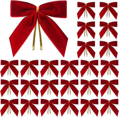 24 Pcs Red Small Velvet Christmas Bows for Christmas Tree, Wreath, Gift Wrapping, Crafts, Wedding, Party, Twist Tie Bows for Treat Bag Bakery Candy Bags, Home Decor 1" W,3.5 x 3.5 inch