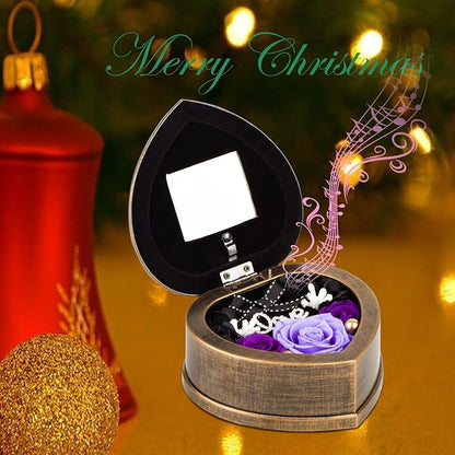 Handmade Preserved Flower Real Purple Rose in Musical Box with Photo Frame, Mother's Day Long Lasting Real Flower Gifts for Her Women Wife on Valentine's Day Birthday or Anniversary -Purple