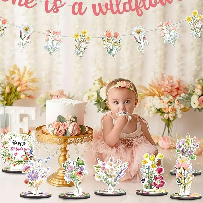 Wooden Wildflower Party Decorations - 9PCS Flower Birthday Table Sign Decor,Wildflower Party Centerpieces Table Topper,Wildflower Decor Supplies,Floral Party Wedding Decoration