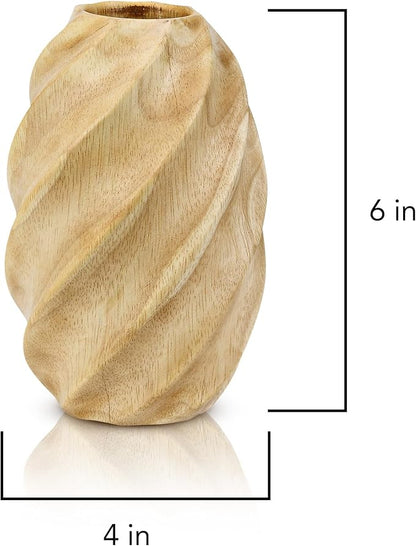 AeraVida 6-Inch Mango Tree Wood Oval Flower Vase with Spiral Carved Design | Light Brown Modern Tabletop Vase | Decorative Vintage Farmhouse Style for Home, Office, or Event Decor