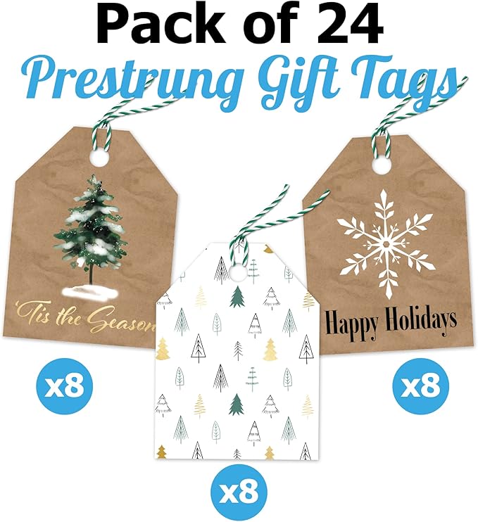 Pro Supply Global 24 Count of 2.5 Inch x 3 Inch Pre Strung Christmas Fir Trees Gift Tag Assorted Printed Designs on Large Cardstock Gift Hang Tags - Ideal to Use on Bags