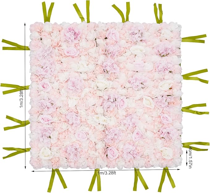 CNCEST Artificial Flower Wall Panels, Flower Wall Mat Silk Rose Flower Panels, Artificial Flower Wall Background (Green+White+Pink)
