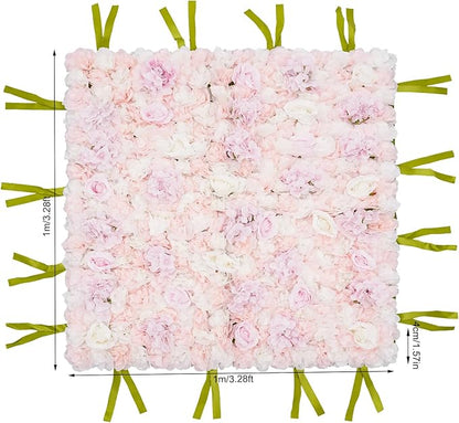 CNCEST Artificial Flower Wall Panels, Flower Wall Mat Silk Rose Flower Panels, Artificial Flower Wall Background (Green+White+Pink)