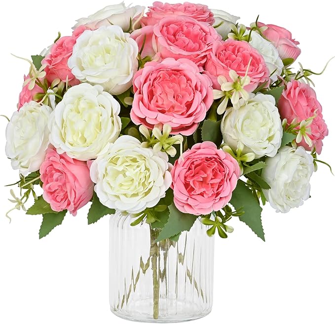MARTINE MALL 2 Packs Peonies Artificial Flowers, Mixed White Pink Artificial Peonies, Silk Peonies Flowers Fake Peonies Artificial Flowers Peonies Bouquet for Centerpiece Table Wedding Home Decor
