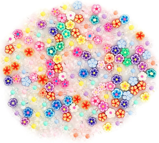 200 PCS Flower Beads Colored Polymer Clay Beads, Flower Charms for Bracelets for Necklace Bracelet Earrings Key Chains Making DIY Accessories for Women