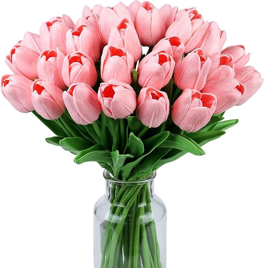 SITUMEIZI 15pcs Pink Tulips Fake Artificial Flowers Real Touch 14" Silk Flower for Home Kitchen Decor Spring Easter Wedding Bouquet Decorations Office Valentine's Day Gifts