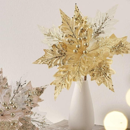 Artificial Flannel Sequin Christmas Flower Ornament, 30x35cm Glitter Holiday Tree Decoration for Wreaths Garlands and Party Arrangements Champagne