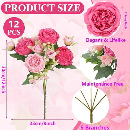 Peonies Artificial Flowers 12 Bundles Pink Flowers Bouquet, Lifelike Silk Fake Peonies with Stems for Home Table Centerpieces, Wedding, Party & DIY Bridal Floral Arrangements (Rose red + Pink)