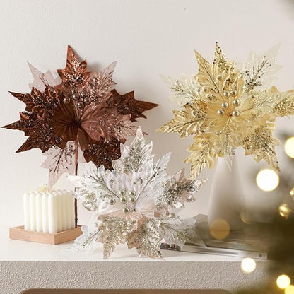 Artificial Flannel Sequin Christmas Flower Ornament, 30x35cm Glitter Holiday Tree Decoration for Wreaths Garlands and Party Arrangements Champagne