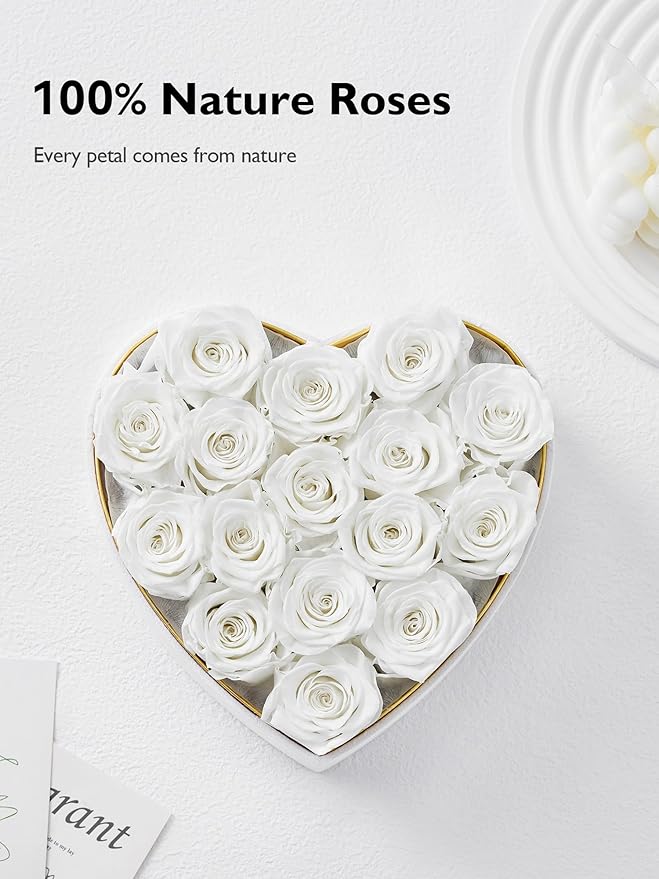 Eterfield 16 Forever Flowers in Heart Shape Box, Preserved Roses That Last a Year Preserved Flowers Birthday Gifts for Her Mom Women Wife Anniversary Valentines Day Mothers Day Christmas, White
