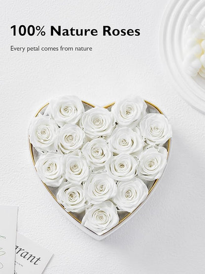 Eterfield 16 Forever Flowers in Heart Shape Box, Preserved Roses That Last a Year Preserved Flowers Birthday Gifts for Her Mom Women Wife Anniversary Valentines Day Mothers Day Christmas, White
