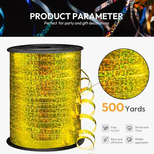 500 Yards Shiny Metallic Gold Curling Ribbon with Spool, 1/5" Holographic Curly Ribbons Perfect for Gift Wrapping, Florist Flowers, Birthday Party Decorations, and Balloon String